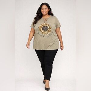 Grateful Thankful Blessed Sunflower Tee Plus Size 3X Crisscross V-Neck Olive